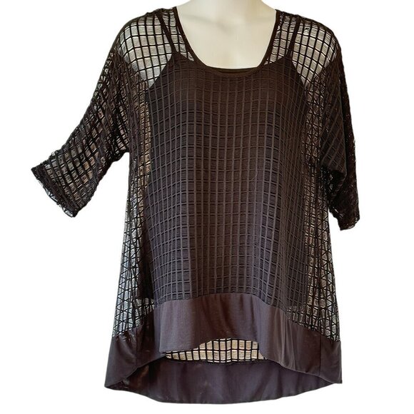 Athena Marie Tunic with Attached Stretch Cami Black Net Tunic Dolman Sleeve   L - Picture 1 of 5